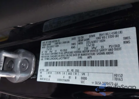 2020 Ford Escape Se z USA, uszkodzony, nr VIN 1FMCU9G6XLUC75917